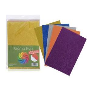 GOMA EVA A4 ADHESIVA CON BRILLANTINA 5 COLORES